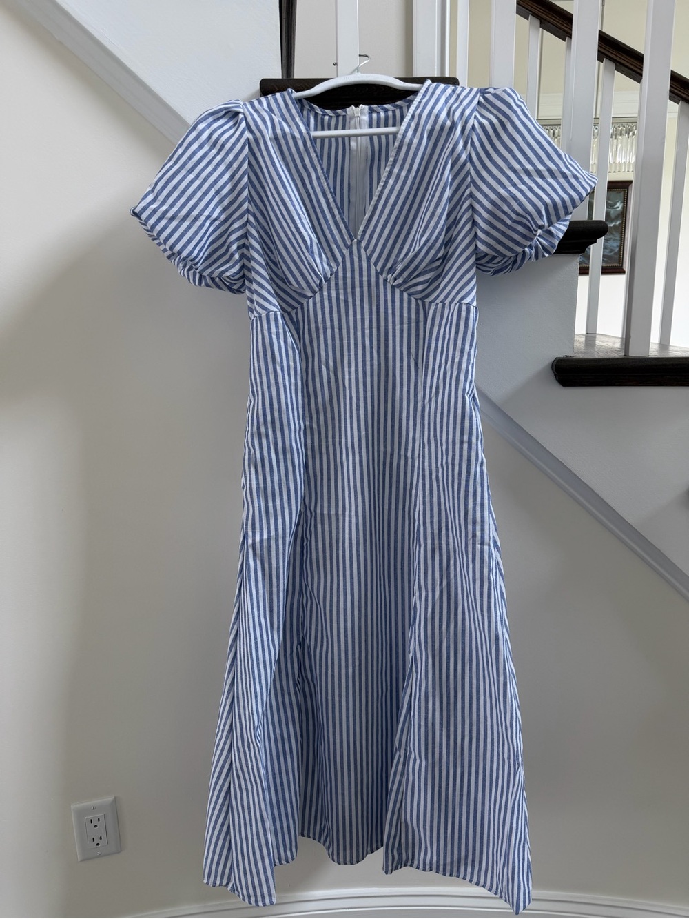 Blue and White Striped V-Neck Midi Dress